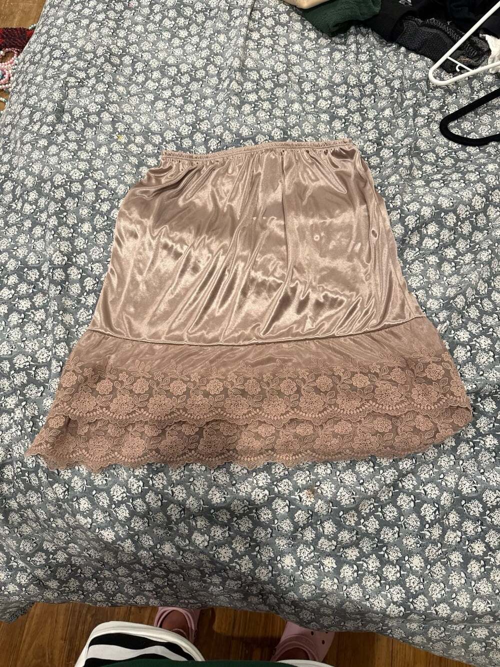 Melady Vintage Champagne Satin Half Slip with Floral Lace Hem